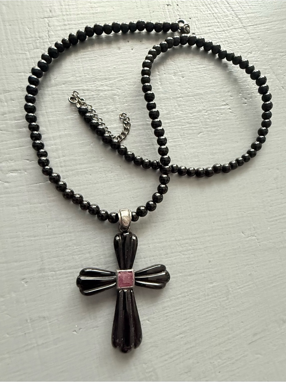 925 Sterling Silver Black Beaded Cross Necklace